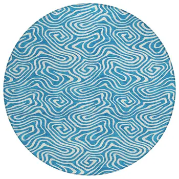 8' Teal Blue And Ivory Round Abstract Washable Indoor Outdoor Area Rug