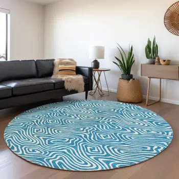 8' Teal Blue And Ivory Round Abstract Washable Indoor Outdoor Area Rug