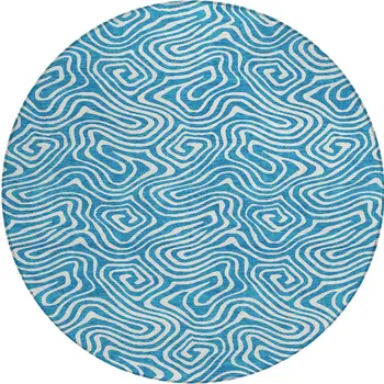 8' Teal Blue And Ivory Round Abstract Washable Indoor Outdoor Area Rug
