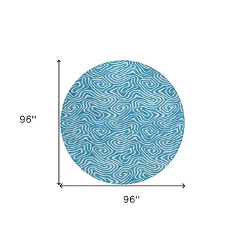 8' Teal Blue And Ivory Round Abstract Washable Indoor Outdoor Area Rug
