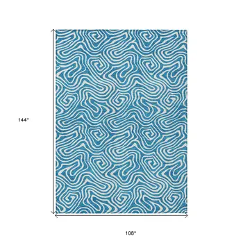 9' X 12' Teal Blue And Ivory Abstract Washable Indoor Outdoor Area Rug