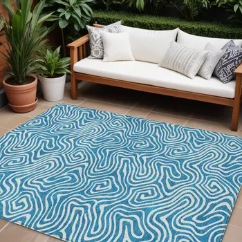 9' X 12' Teal Blue And Ivory Abstract Washable Indoor Outdoor Area Rug