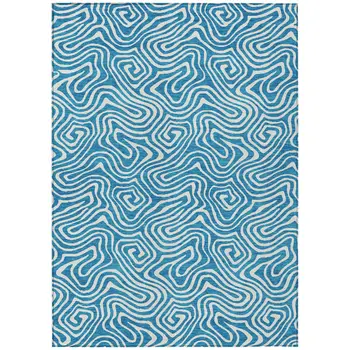 9' X 12' Teal Blue And Ivory Abstract Washable Indoor Outdoor Area Rug