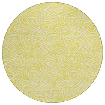 8' Yellow And Ivory Round Abstract Washable Indoor Outdoor Area Rug