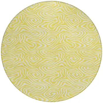 8' Yellow And Ivory Round Abstract Washable Indoor Outdoor Area Rug