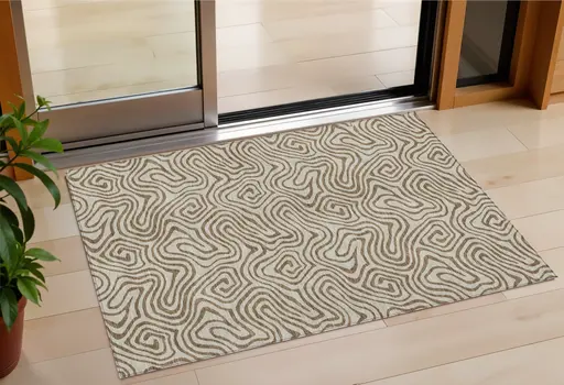 3' X 5' Beige And Brown Abstract Washable Indoor Outdoor Area Rug