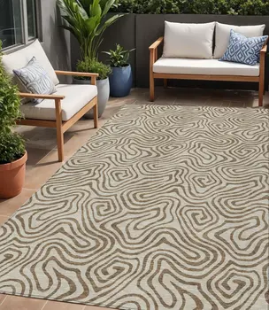 5' X 8' Beige And Brown Abstract Washable Indoor Outdoor Area Rug