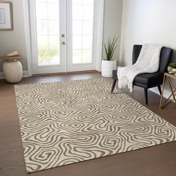 8' X 10' Beige And Brown Abstract Washable Indoor Outdoor Area Rug
