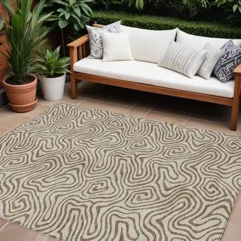 9' X 12' Beige And Brown Abstract Washable Indoor Outdoor Area Rug