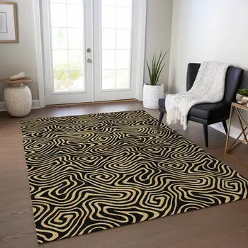 3' X 5' Black And Beige Abstract Washable Indoor Outdoor Area Rug