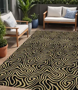 5' X 8' Black And Beige Abstract Washable Indoor Outdoor Area Rug