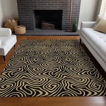 5' X 8' Black And Beige Abstract Washable Indoor Outdoor Area Rug