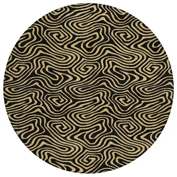 8' Black And Beige Round Abstract Washable Indoor Outdoor Area Rug