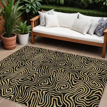 9' X 12' Black And Beige Abstract Washable Indoor Outdoor Area Rug
