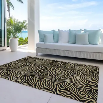 10' X 14' Black And Beige Abstract Washable Indoor Outdoor Area Rug