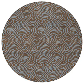 8' Brown And Light Blue Round Abstract Washable Indoor Outdoor Area Rug