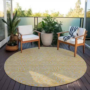 8' Gold And Gray Round Abstract Washable Indoor Outdoor Area Rug