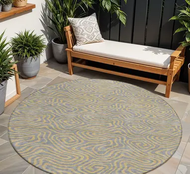 8' Gray And Beige Round Abstract Washable Indoor Outdoor Area Rug