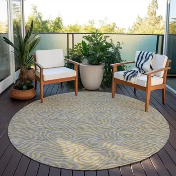 8' Gray And Beige Round Abstract Washable Indoor Outdoor Area Rug