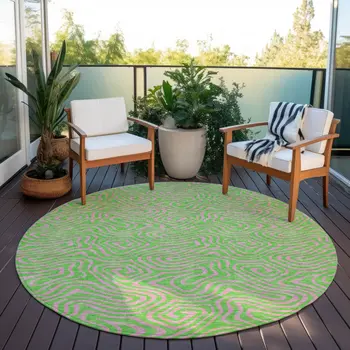 8' Lime Green And Pink Round Abstract Washable Indoor Outdoor Area Rug