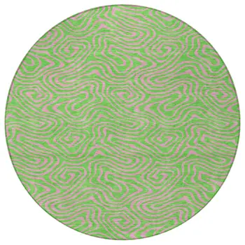 8' Lime Green And Pink Round Abstract Washable Indoor Outdoor Area Rug
