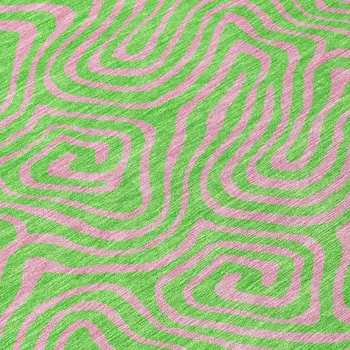 8' Lime Green And Pink Round Abstract Washable Indoor Outdoor Area Rug