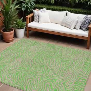 8' X 10' Lime Green And Pink Abstract Washable Indoor Outdoor Area Rug