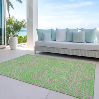 9' X 12' Lime Green And Pink Abstract Washable Indoor Outdoor Area Rug