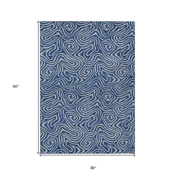 3' X 5' Navy Blue And Gray Abstract Washable Indoor Outdoor Area Rug