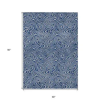 5' X 8' Navy Blue And Gray Abstract Washable Indoor Outdoor Area Rug