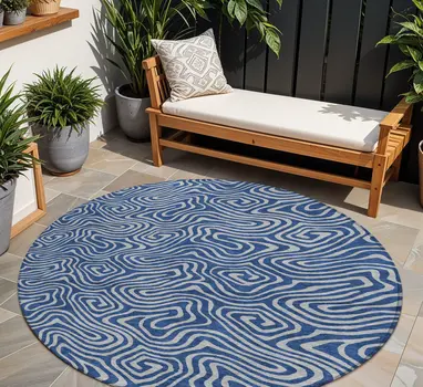 8' Navy Blue And Gray Round Abstract Washable Indoor Outdoor Area Rug