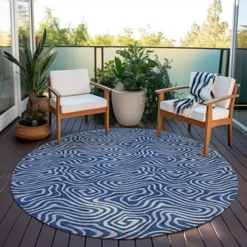 8' Navy Blue And Gray Round Abstract Washable Indoor Outdoor Area Rug