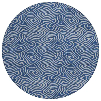 8' Navy Blue And Gray Round Abstract Washable Indoor Outdoor Area Rug
