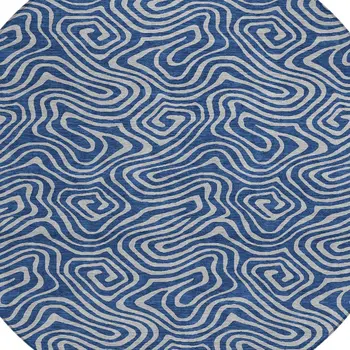 8' Navy Blue And Gray Round Abstract Washable Indoor Outdoor Area Rug