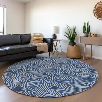 8' Navy Blue And Gray Round Abstract Washable Indoor Outdoor Area Rug