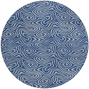 8' Navy Blue And Gray Round Abstract Washable Indoor Outdoor Area Rug