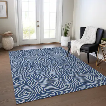 8' X 10' Navy Blue And Gray Abstract Washable Indoor Outdoor Area Rug