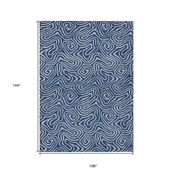9' X 12' Navy Blue And Gray Abstract Washable Indoor Outdoor Area Rug