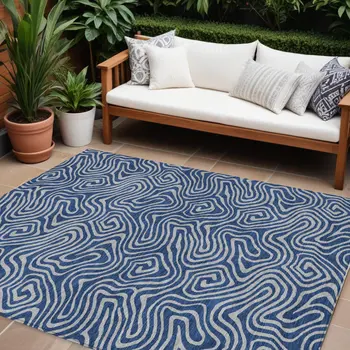 9' X 12' Navy Blue And Gray Abstract Washable Indoor Outdoor Area Rug