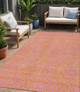 5' X 8' Pink And Copper Abstract Washable Indoor Outdoor Area Rug