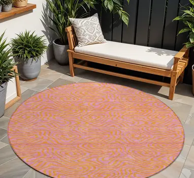 8' Pink And Copper Round Abstract Washable Indoor Outdoor Area Rug