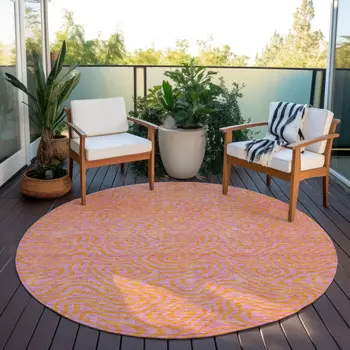 8' Pink And Copper Round Abstract Washable Indoor Outdoor Area Rug