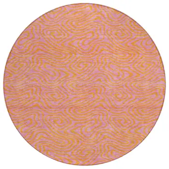 8' Pink And Copper Round Abstract Washable Indoor Outdoor Area Rug