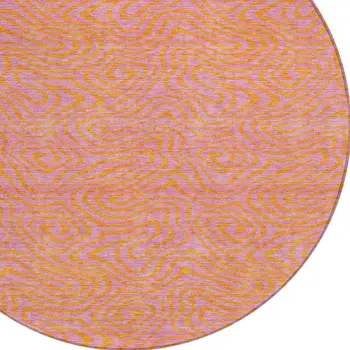 8' Pink And Copper Round Abstract Washable Indoor Outdoor Area Rug