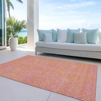 9' X 12' Pink And Copper Abstract Washable Indoor Outdoor Area Rug
