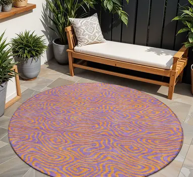 8' Purple And Copper Round Abstract Washable Indoor Outdoor Area Rug
