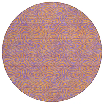 8' Purple And Copper Round Abstract Washable Indoor Outdoor Area Rug