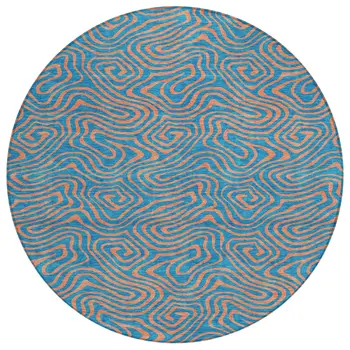 8' Teal Blue And Pink Round Abstract Washable Indoor Outdoor Area Rug