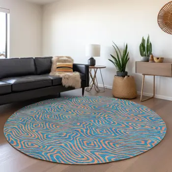 8' Teal Blue And Pink Round Abstract Washable Indoor Outdoor Area Rug