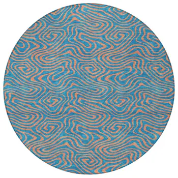 8' Teal Blue And Pink Round Abstract Washable Indoor Outdoor Area Rug